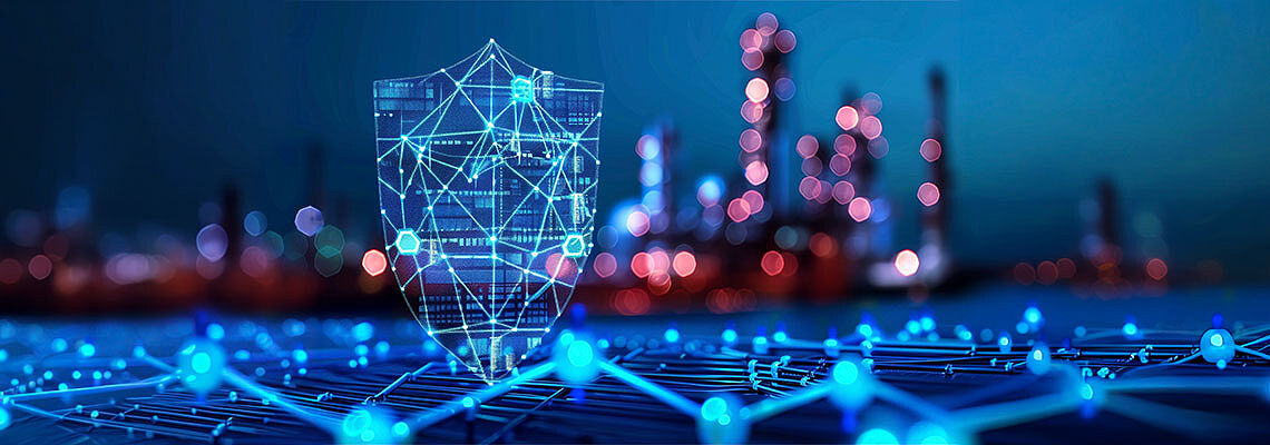 A glowing digital shield symbolizing cybersecurity, with a network of interconnected nodes in the foreground and an industrial cityscape blurred in the background.
