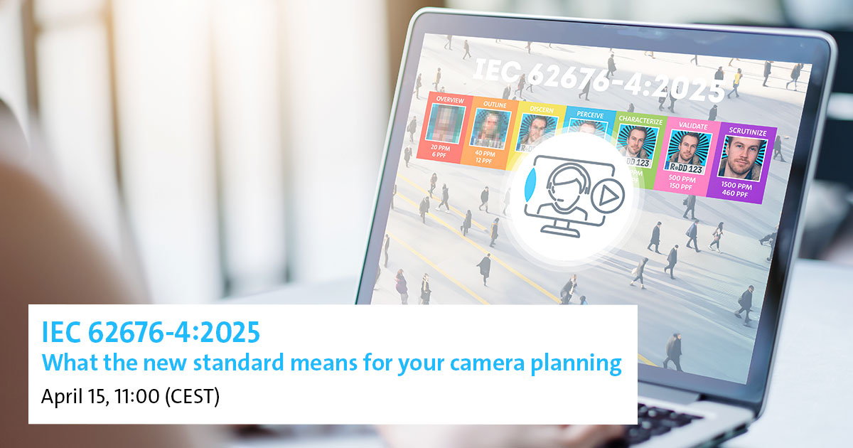 A laptop displaying a webinar title about IEC 62676-4:2025, featuring colorful images and text. The date and time of the event are listed below.