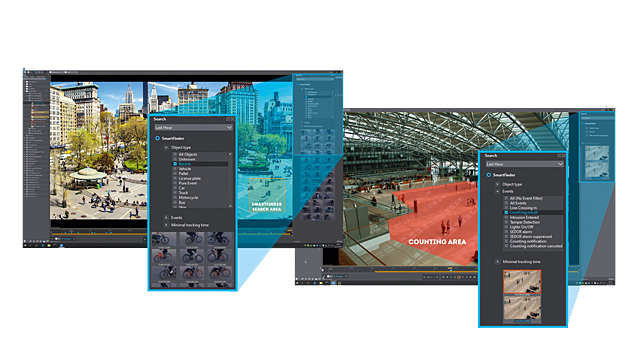Screenshots of photo editing software displaying image libraries and editing tools, featuring a cityscape and a large open indoor area.